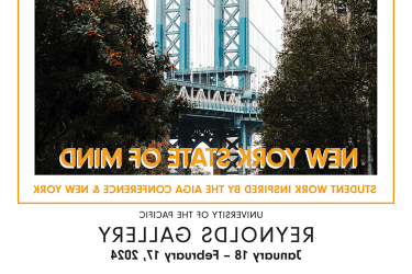 Brooklyn Bridge and cityscape with yellow text New York State of Mind and show dates